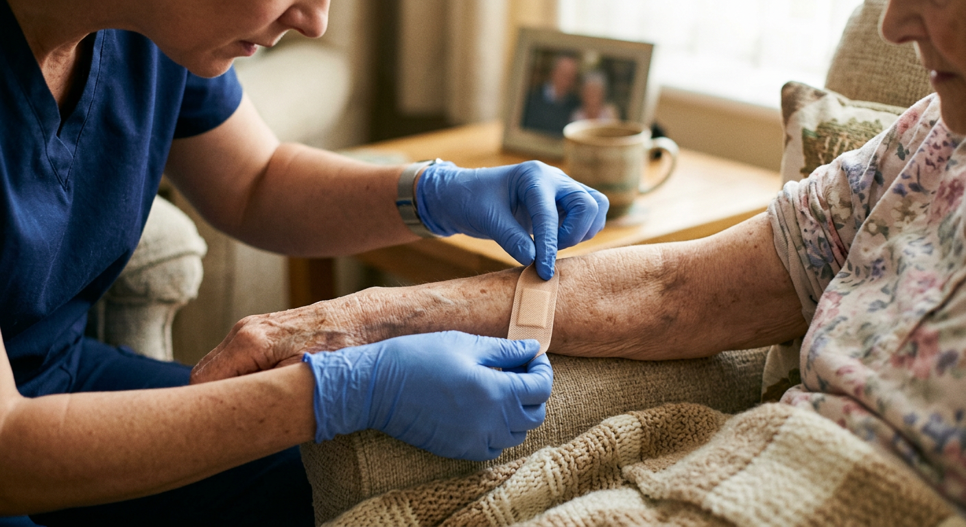Verpleegster brengt zorgvuldig een verband aan op een onderarm